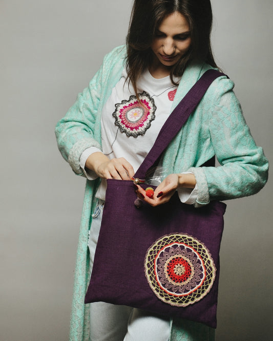 Purple Tote Bag with Crochet Detail