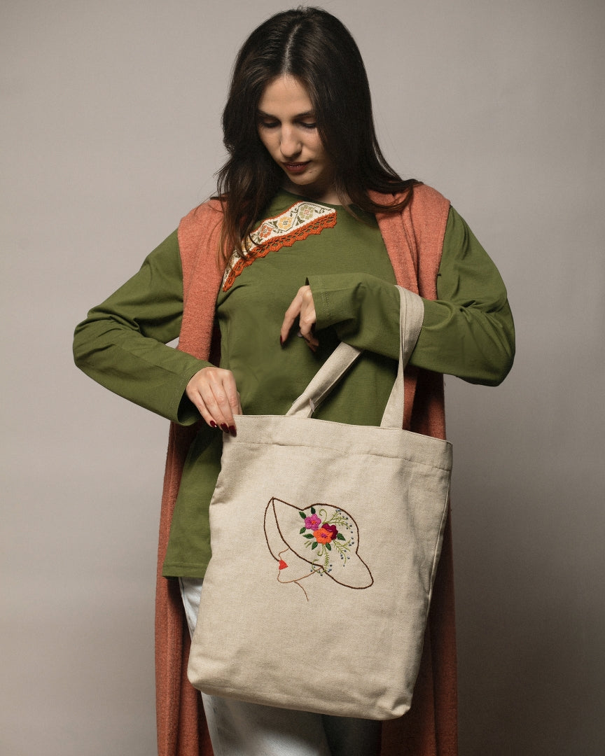 Linen Tote Bag with Embroidery