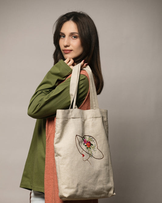 Linen Tote Bag with Embroidery