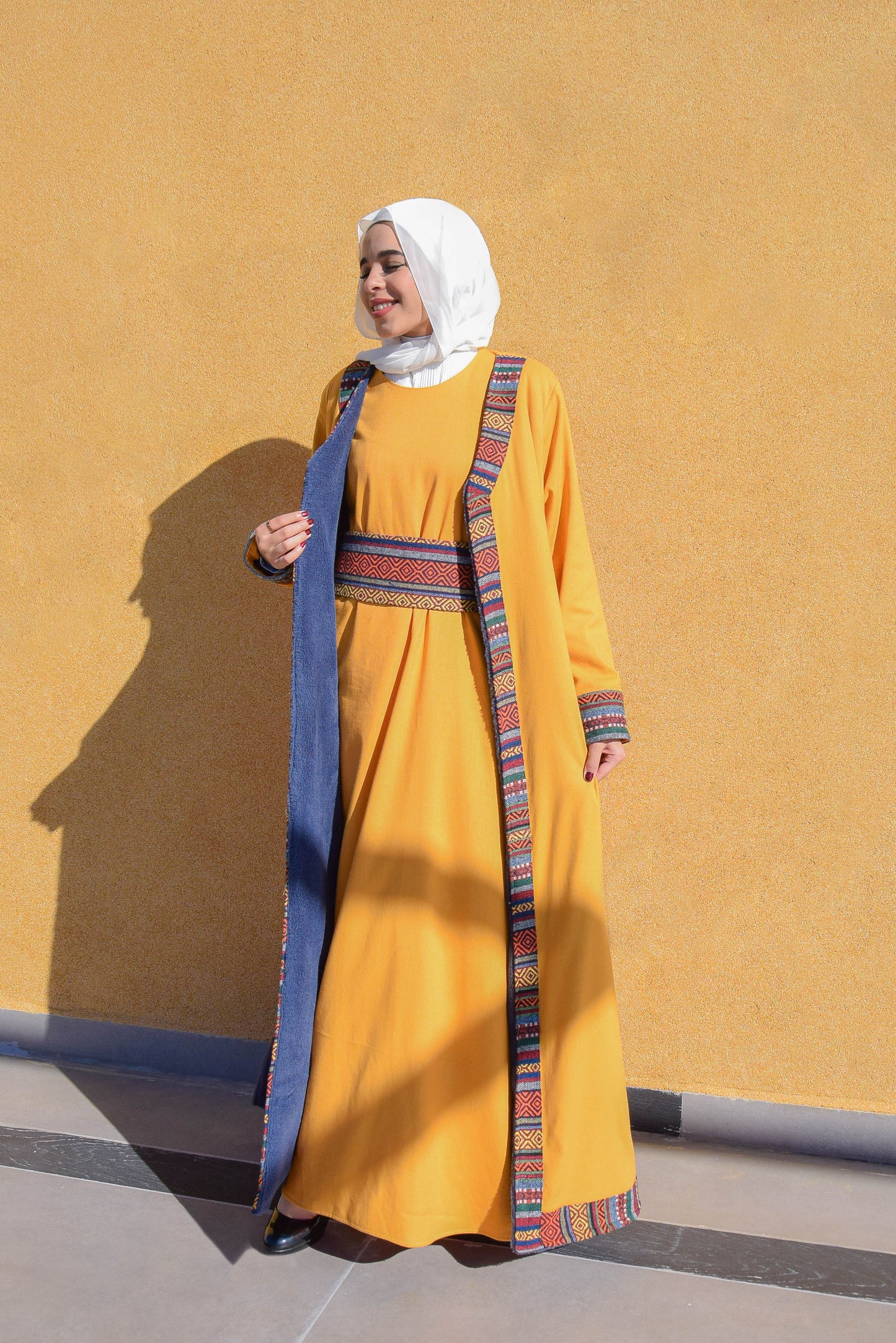 Linen Yallow dress with linen and fur long Jacket  and sodo belt