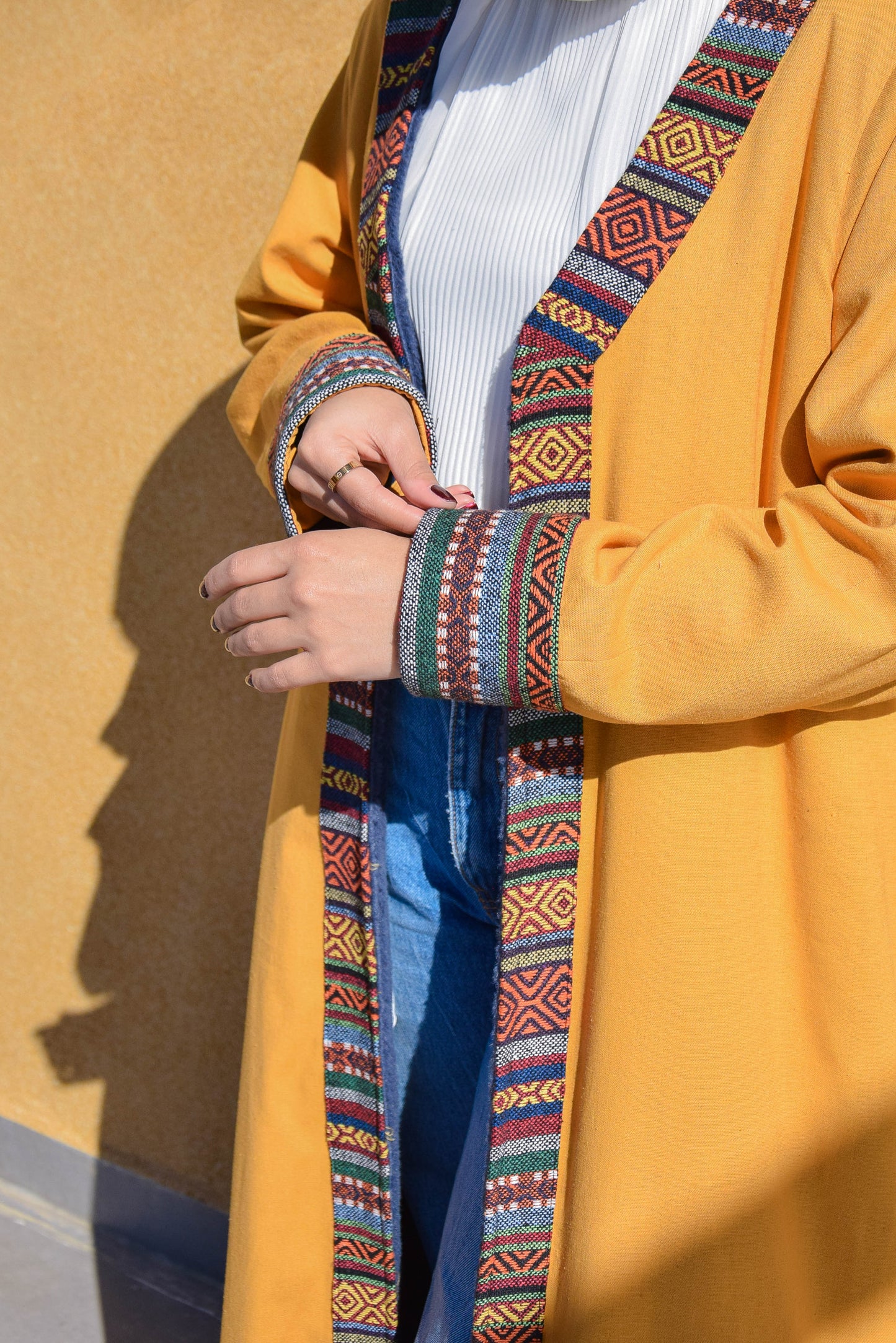 Linen Yallow dress with linen and fur long Jacket  and sodo belt