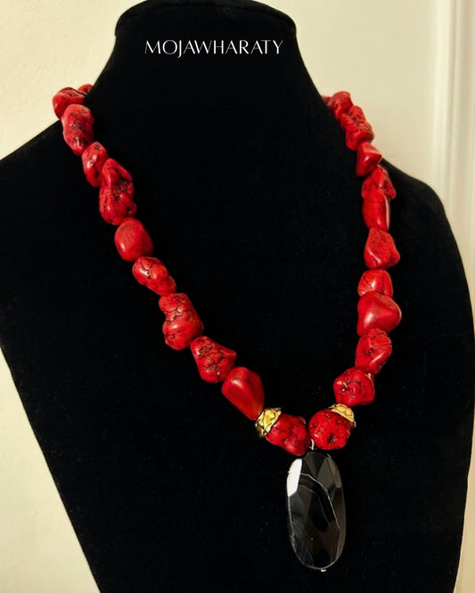 Red Coral Gold-Plated Necklace with Onyx Pendant