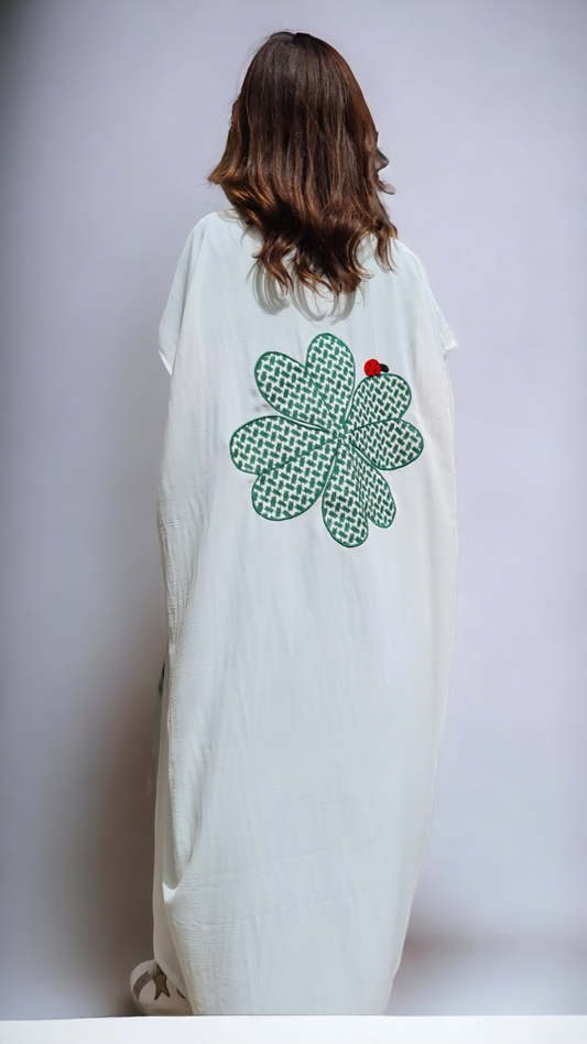 White Clover and Ladybug Summer Kaftan, by Ruh Al Hatta