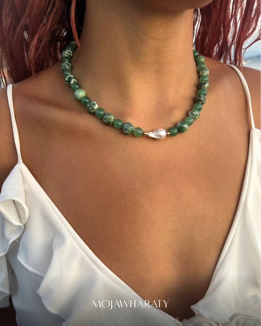 Green Jasper and Aventurine Necklace with Fresh Water Pearl