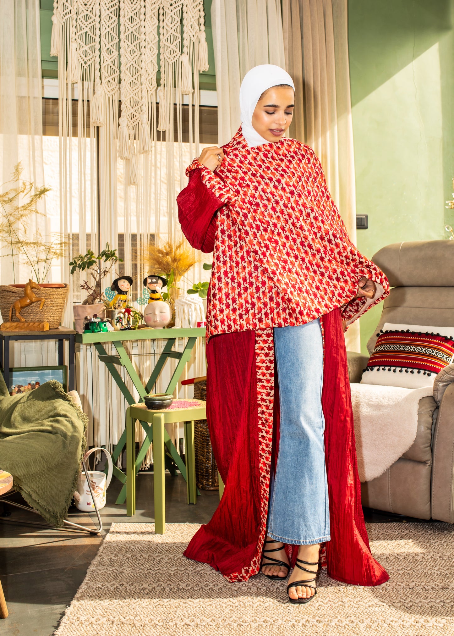 Red Abaya with Embroidery Shawl