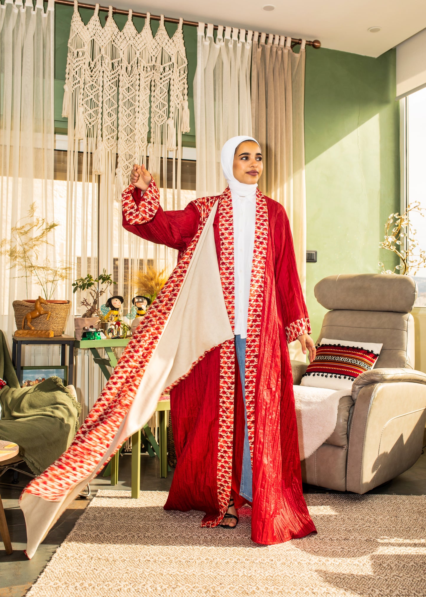 Red Abaya with Embroidery Shawl