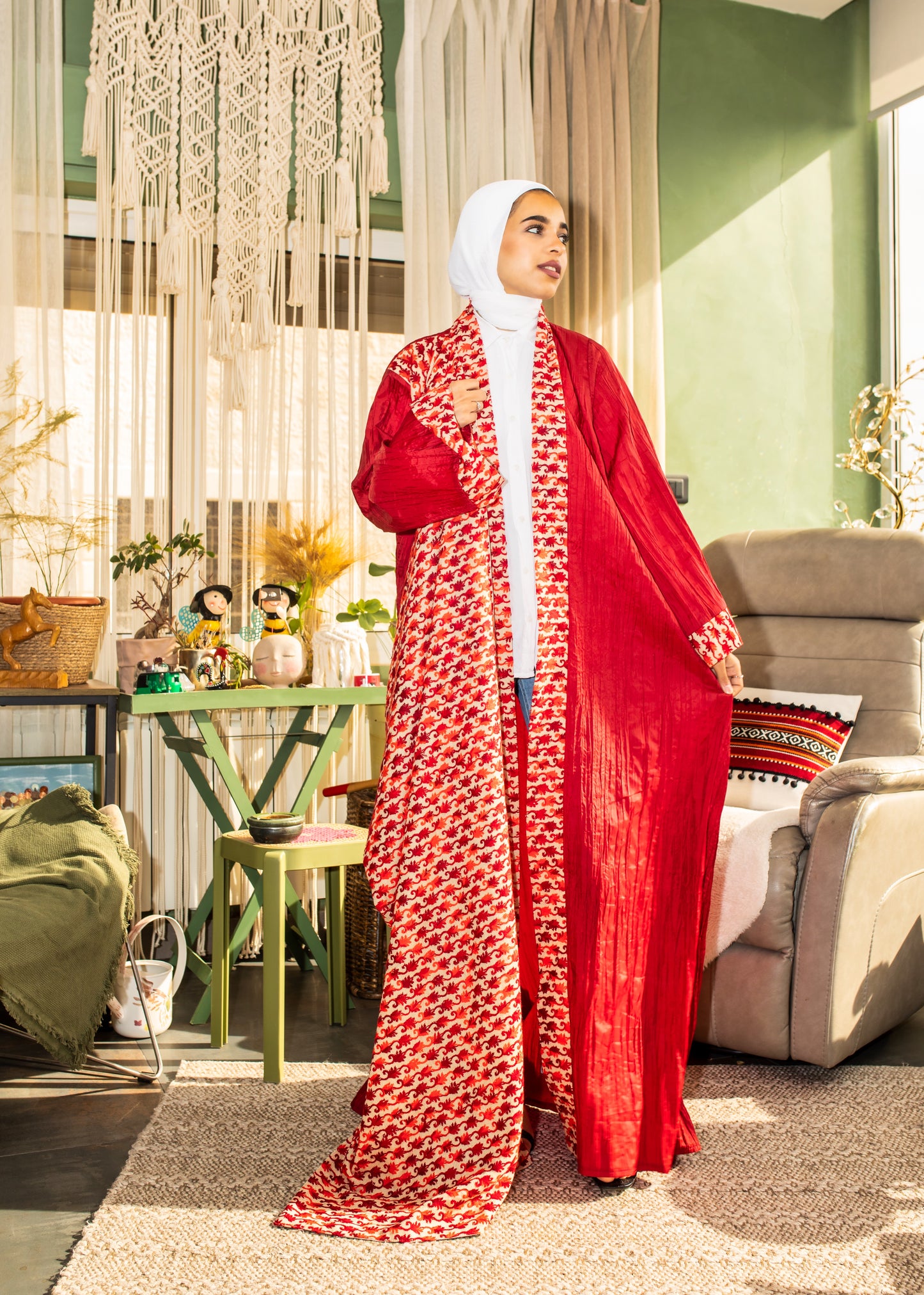 Red Abaya with Embroidery Shawl