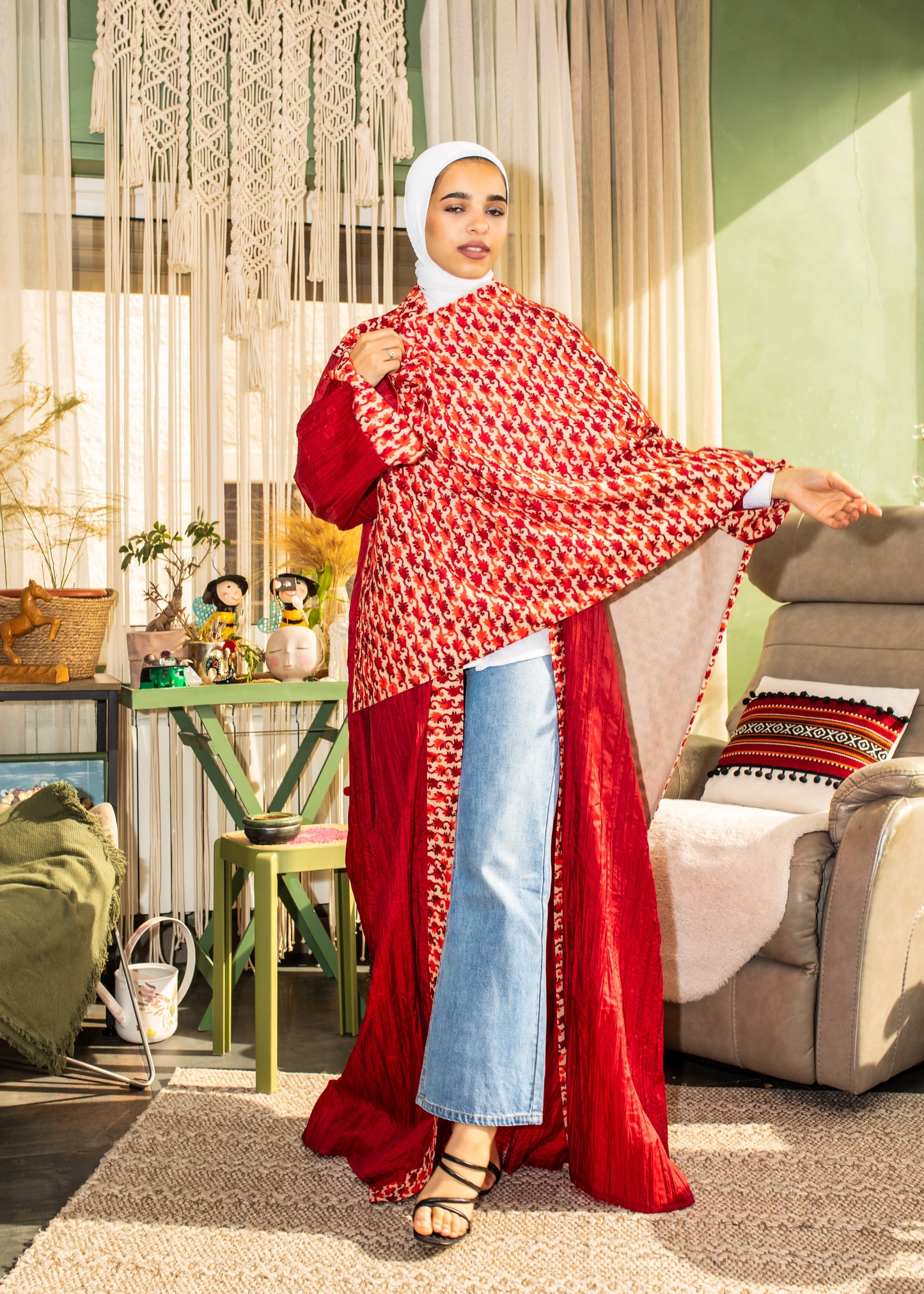 Red Abaya with Embroidery Shawl