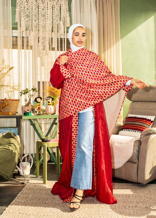 Red Abaya with Embroidery Shawl - Virtual Bazaar Jordan