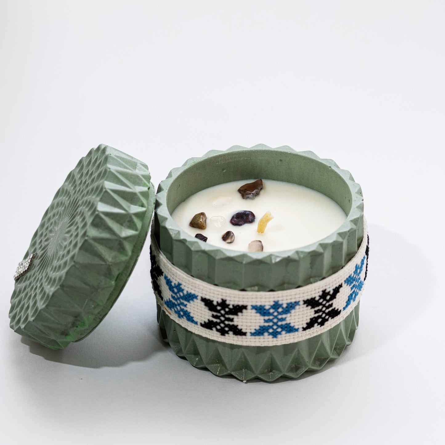 Stone Candle with Embroidered Belt, Pomegranate with Citrus