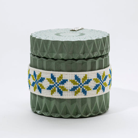 Stone Candle with Embroidered Belt, Cinnamon with Nutmeg