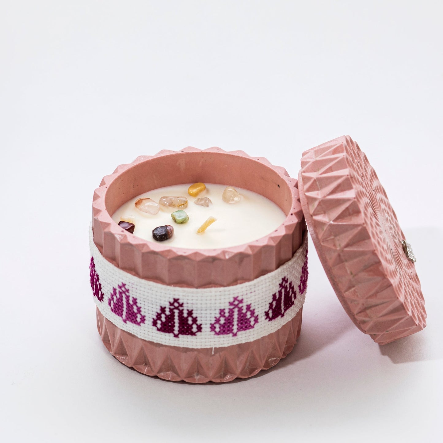 Stone Candle with Embroidered Belt, Pomegranate with Citrus