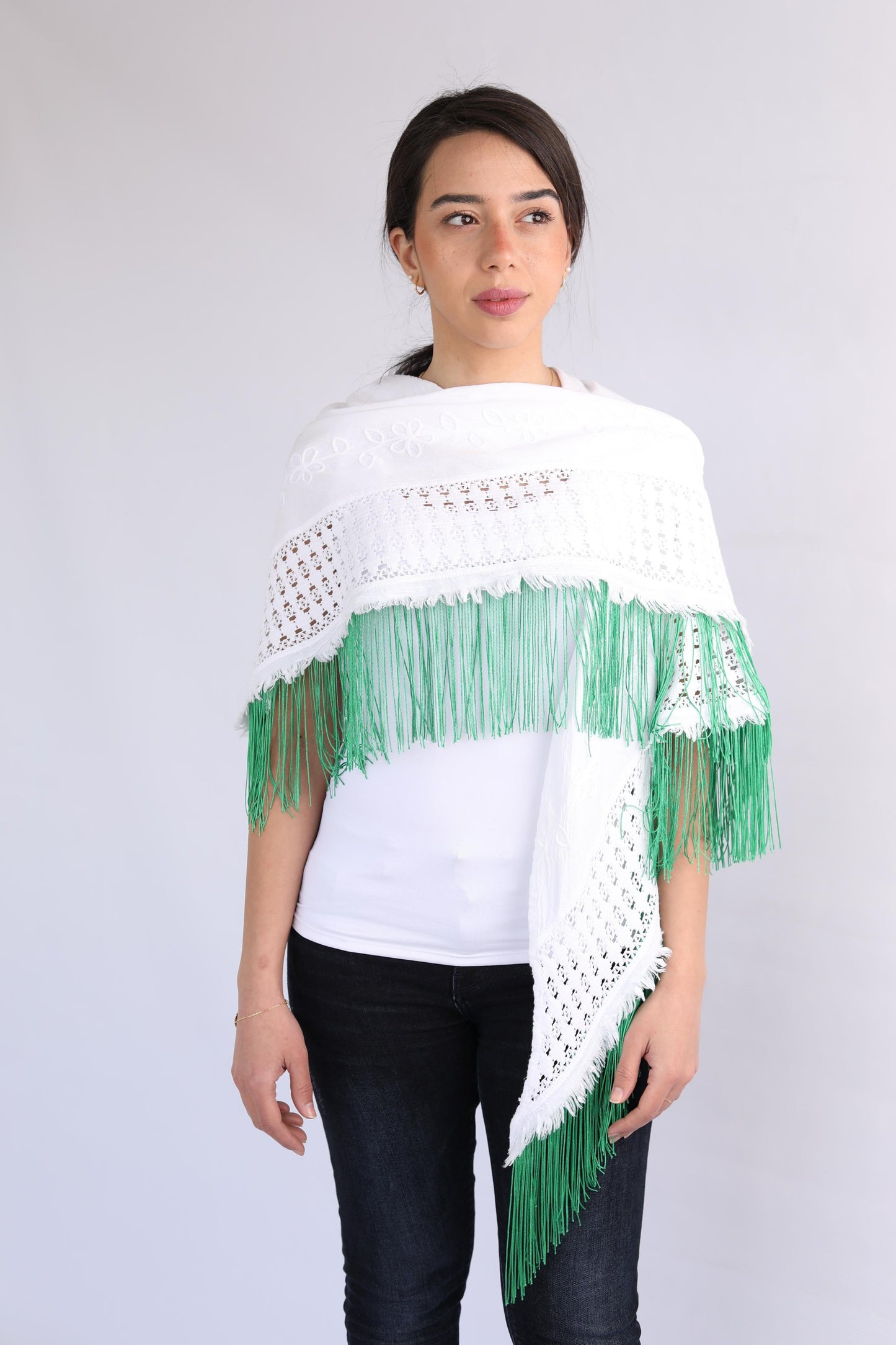 White Cotton Scarf With Green Tassels, From Ward By Safa