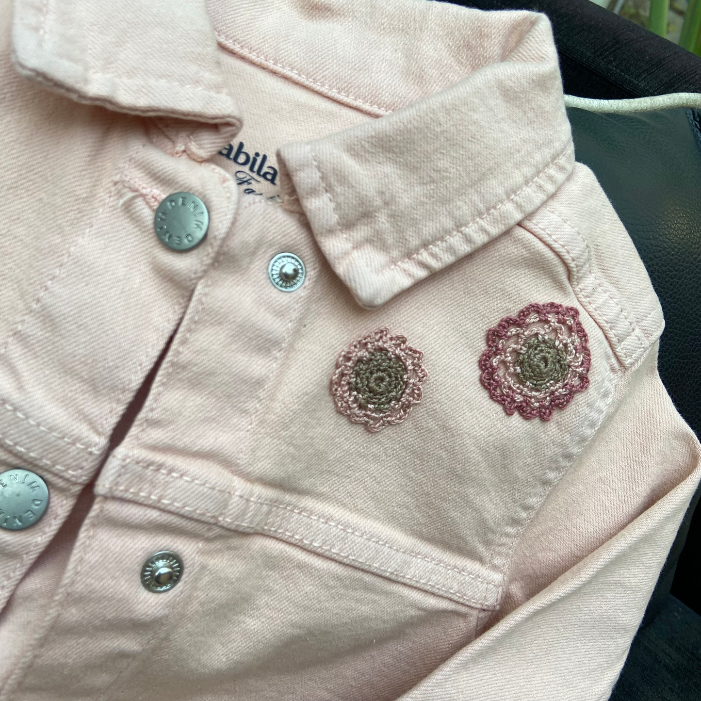 Jeans jacket with grey and pink mandalas, from Nabila's Creations