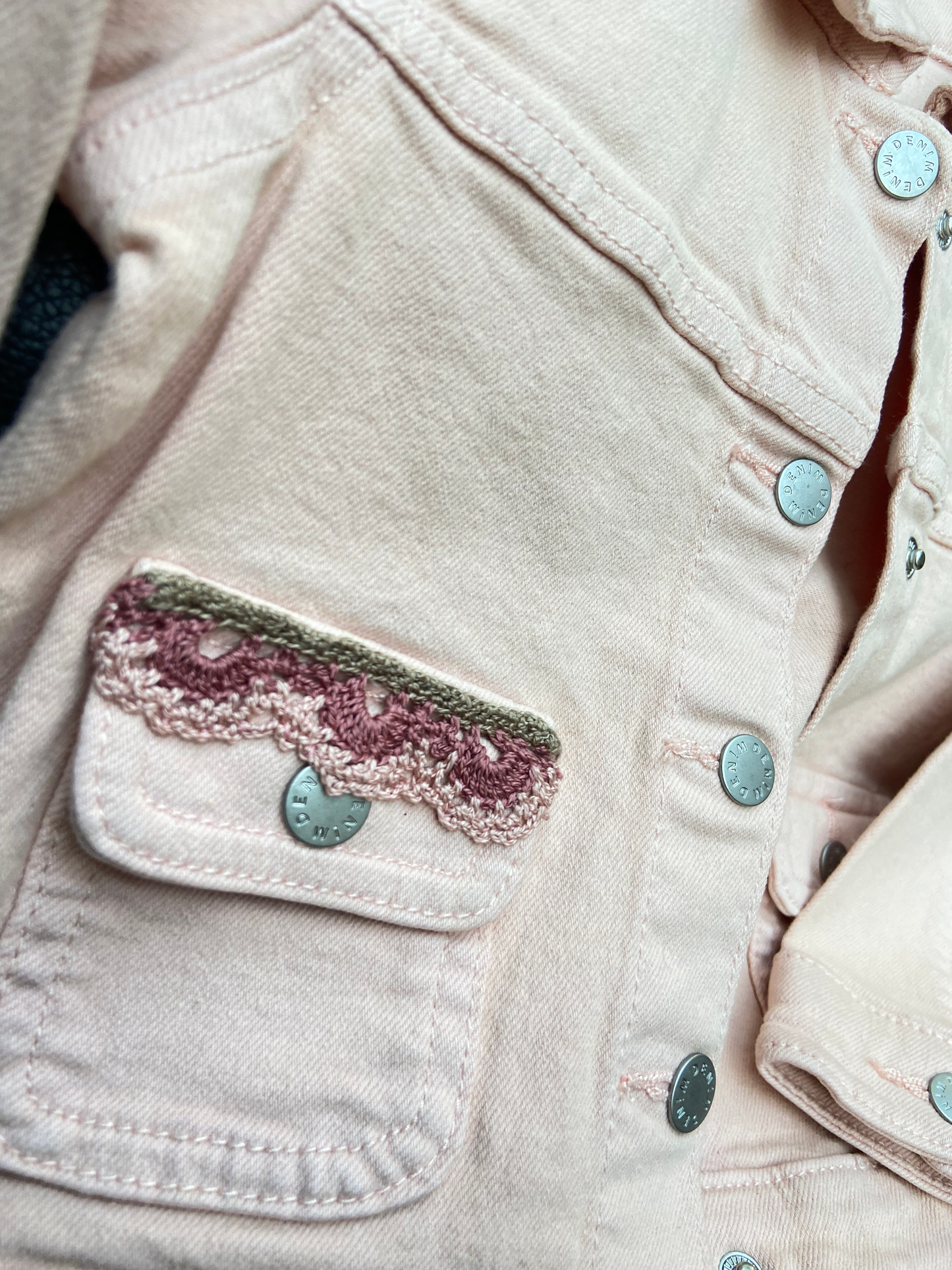 Jeans jacket with grey and pink mandalas, from Nabila's Creations