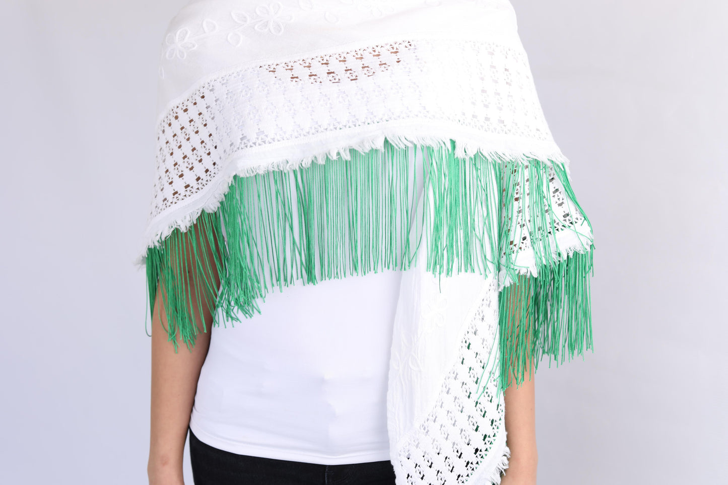 White Cotton Scarf With Green Tassels, From Ward By Safa