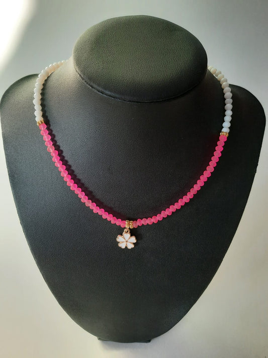 White and dark pink crystal necklace with gold plated pieces - Virtual Bazaar Jordan