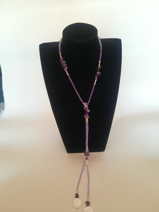 Gold plated tall necklace with amatist stones and shell