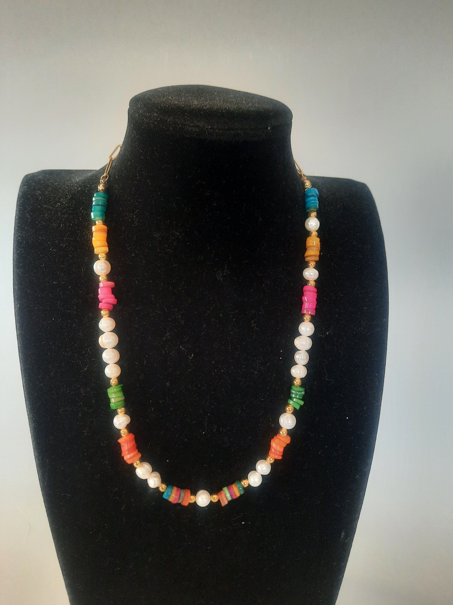Gold plated natural pearl and colours shell necklace