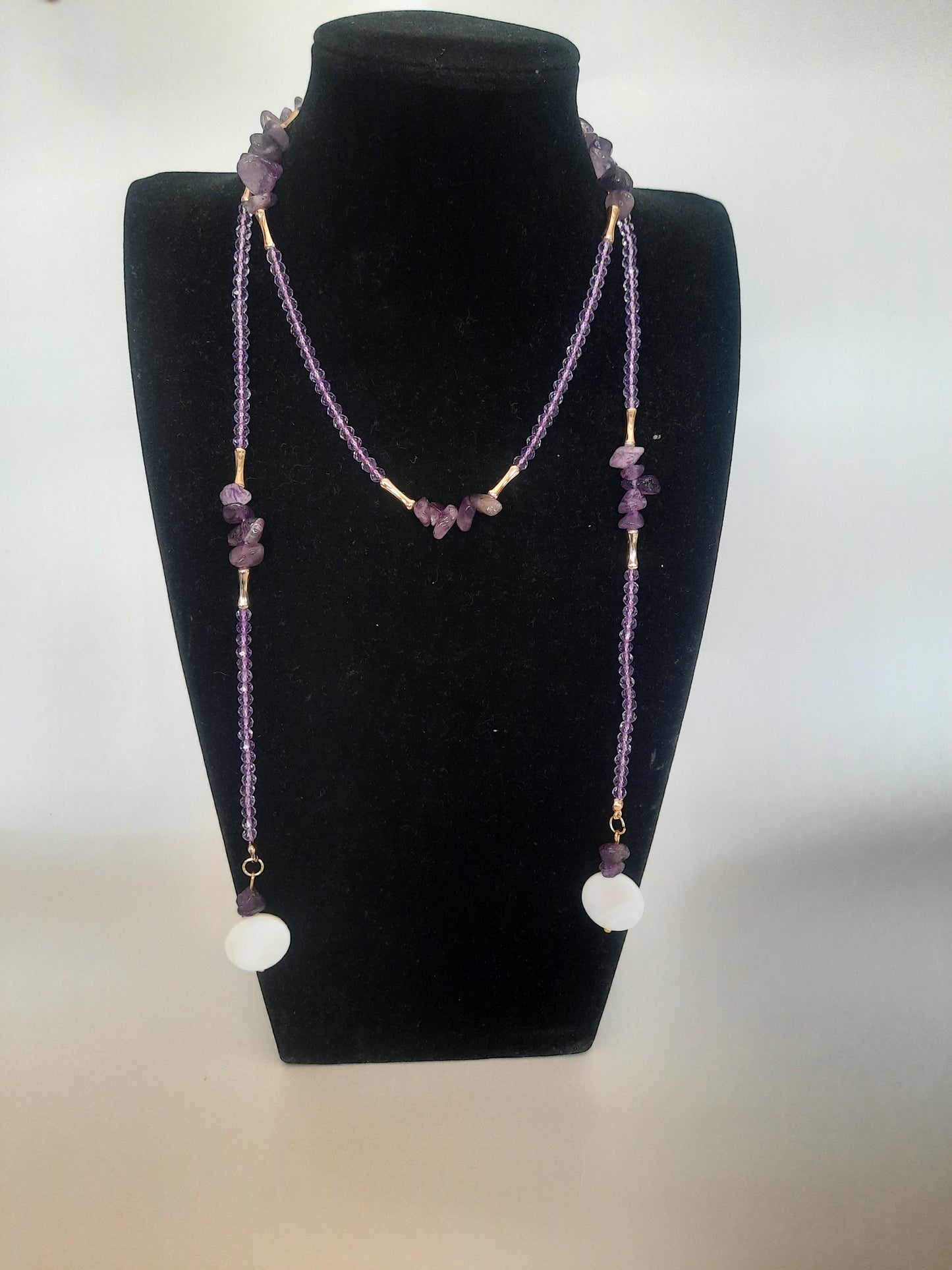 Gold plated tall necklace with amatist stones and shell