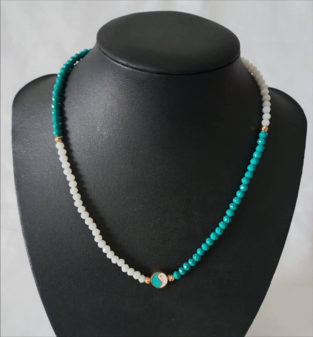 White and turquoise crystals with white and turquoise ying yang gold plated necklace - Virtual Bazaar Jordan