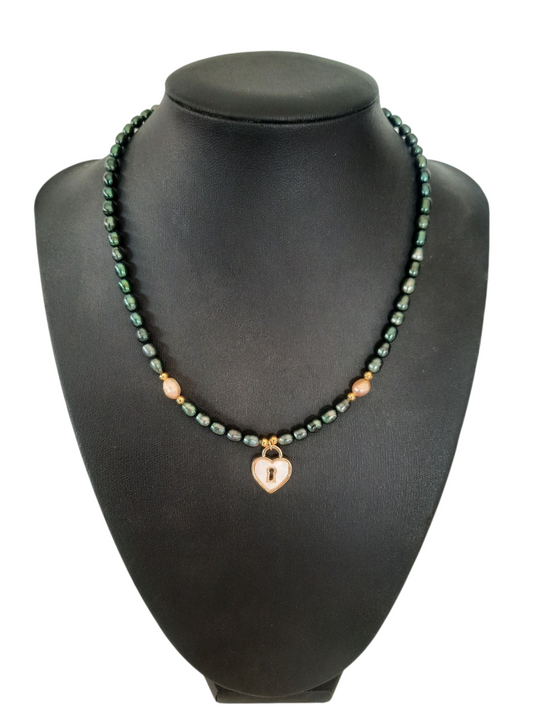 Gold plated Dark green natural pearl Necklace