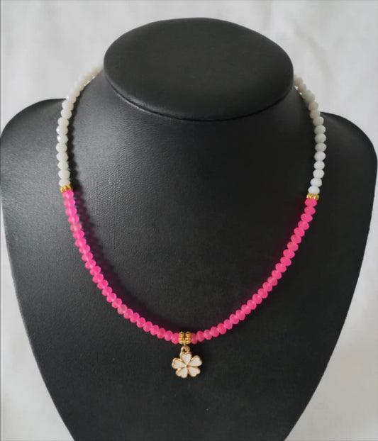 White and dark pink crystal necklace with gold plated pieces